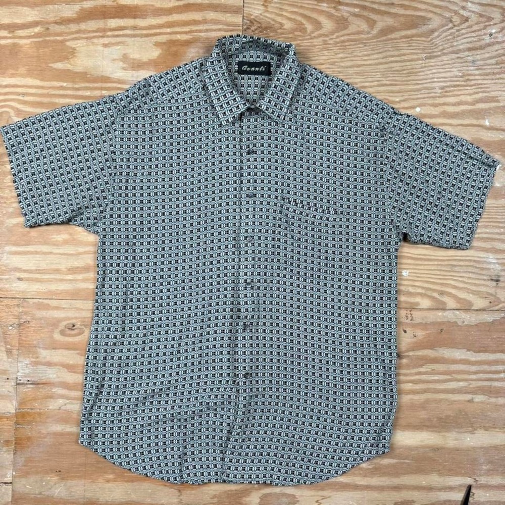 vintage 90s blue and white‎ patterned short sleeve button up shirt